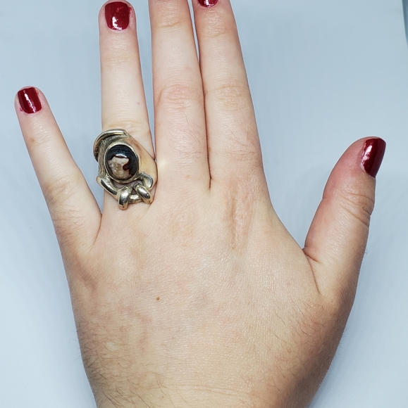 SOLD Modernist Sterling Silver Multicolor Agate Ring - Picture 9 of 11